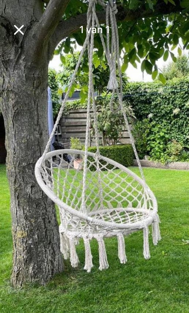 Hangstoel Macramé Wit - Comfortabel en Stijlvol, Ophalen, Binnen, Gebruikt, Met standaard