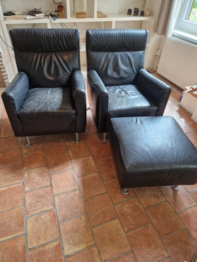 2x Leolux stoel + poef - Zwart leer, Huis en Inrichting, Ophalen, Gebruikt, Leer, Modern, Comfort