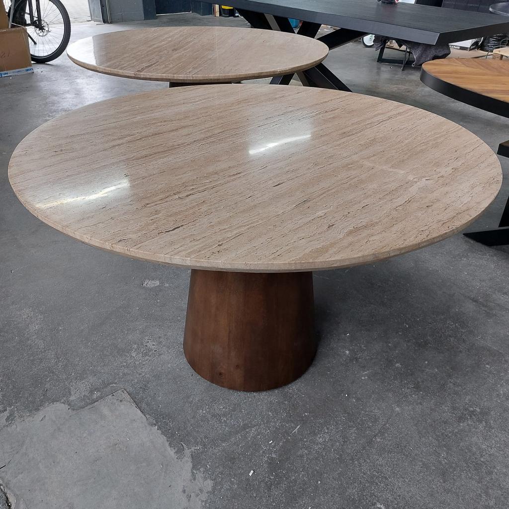 Eleonora Aikin Eettafel 130cm travertine mangohout, Huis en Inrichting, Ophalen of Verzenden, Nieuw, Rond, 100 tot 150 cm