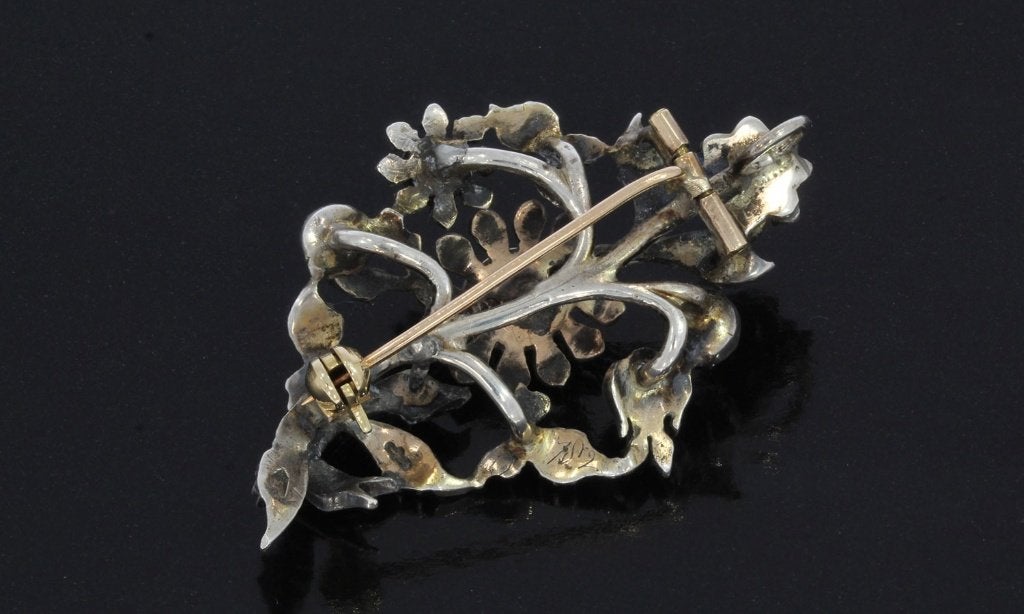 Diamanten fraai antieke 14k gouden broche zilver bloem tak, Verzenden, Goud, Hanger, Met edelsteen