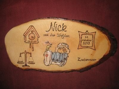 handgegraveerd kraam geboorte cadeau PYROGRAFIE creamar, Ophalen of Verzenden, Nieuw, Geboortebord