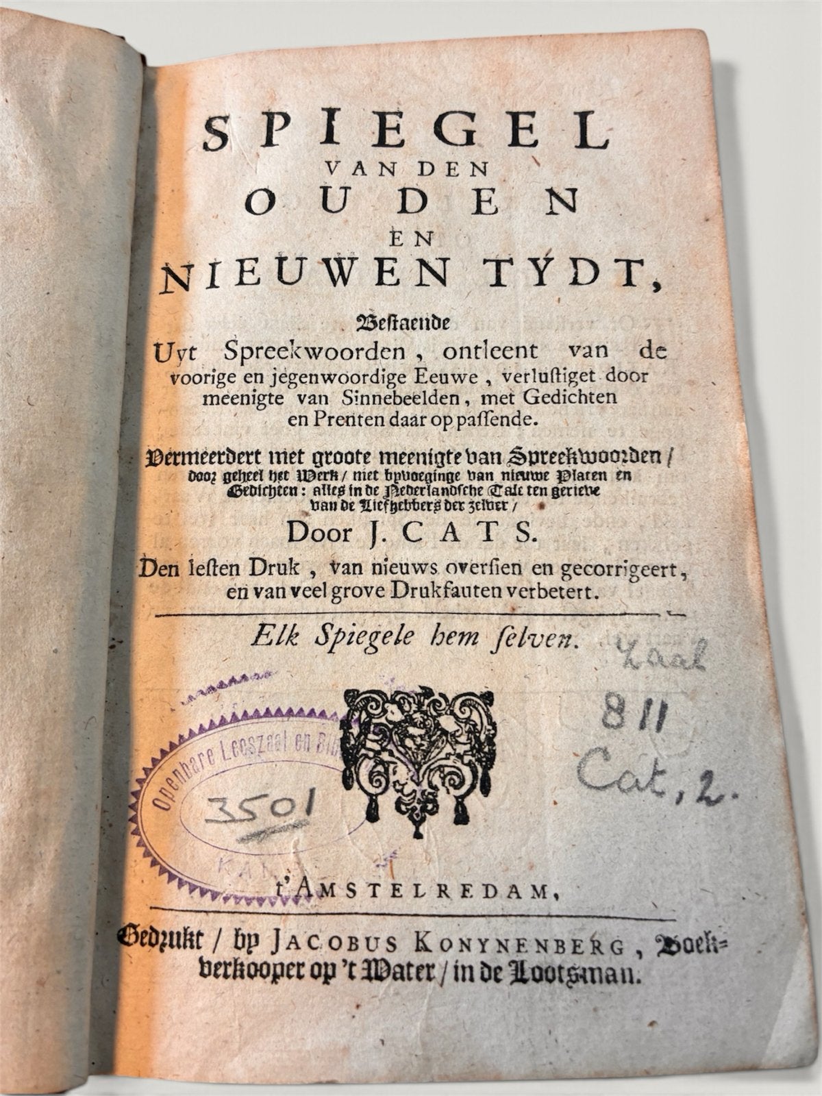 Cats Spiegel van den Ouden en Nieuwen Tydt, circa 1720, Ophalen of Verzenden