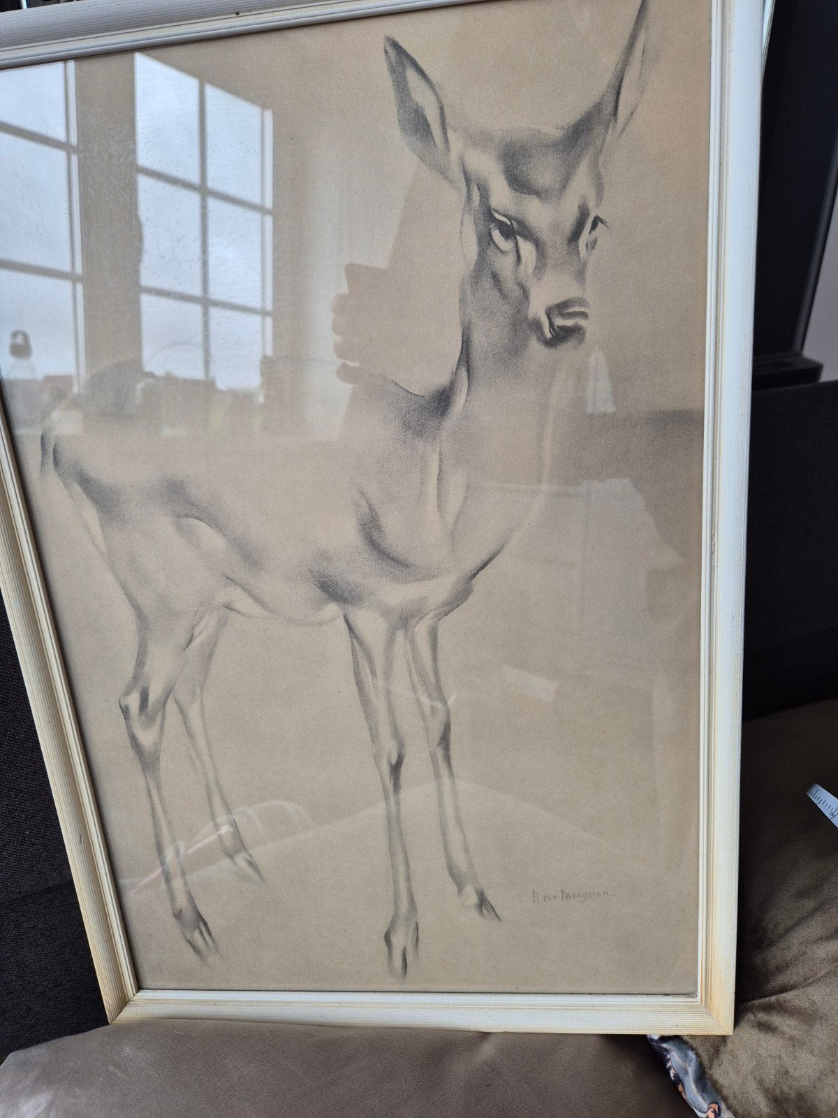 Vintage tekening ree van H.van Meegeren., Antiek en Kunst, Ophalen, Tekening, Potloodtekening, Gesigneerd