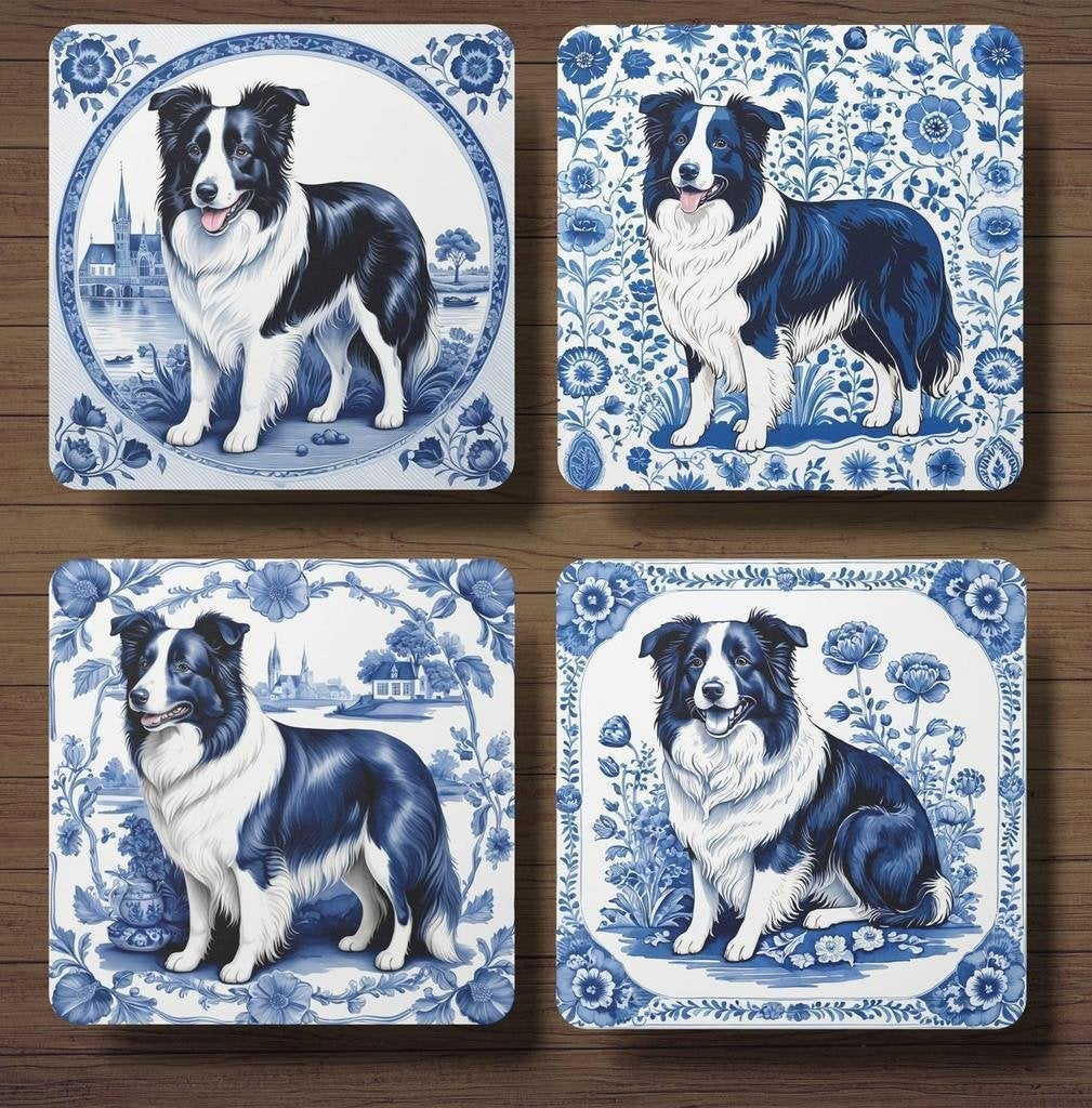 Border Collie Delfts Blauw onderzetters met houder, Ophalen of Verzenden, Nieuw