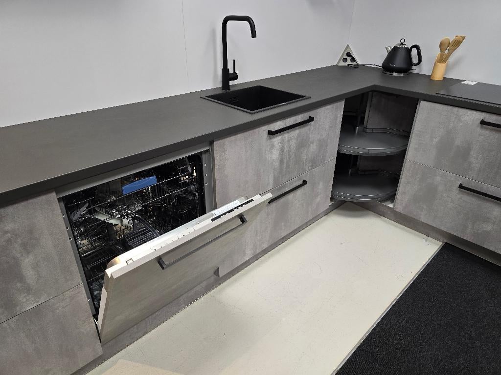 NIEUW showmodel betonlook hoekkeuken industrieel €8950,-, Ophalen, Nieuw, Grijs, 200 cm of meer