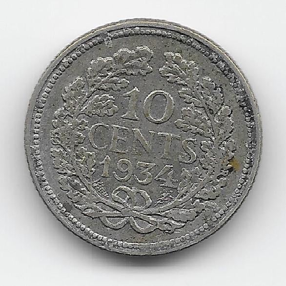 Nederland 10 cent 1934 KM# 163, Verzenden, Zilver, 10 cent, Koningin Wilhelmina