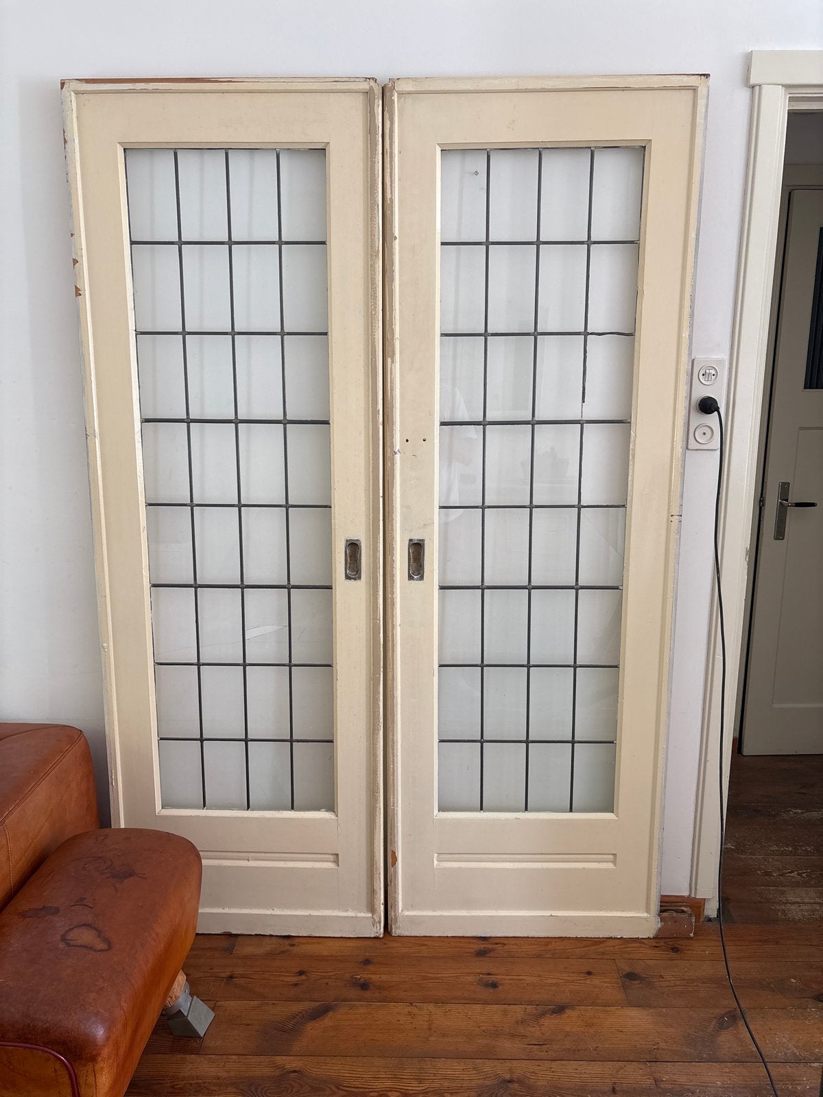 Jaren '30 Schuifdeuren met glas-in-lood look, Doe-het-zelf en Verbouw, Deuren en Horren, Ophalen, Gebruikt, Minder dan 80 cm, Binnendeur