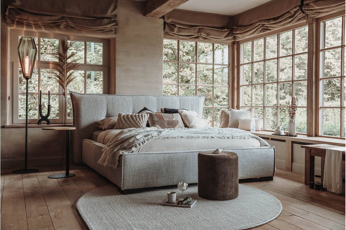 Luxe gestoffeerd boxspring bed 180x200, Ophalen, Verstelbaar, Beige, Tweepersoons