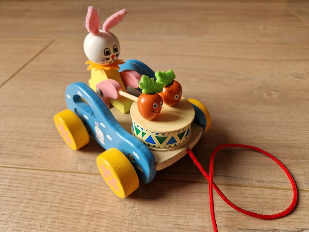 Houten konijn trekfiguur met trommel en wortels, Ophalen of Verzenden, Gebruikt, Duw- of Trekspeelgoed