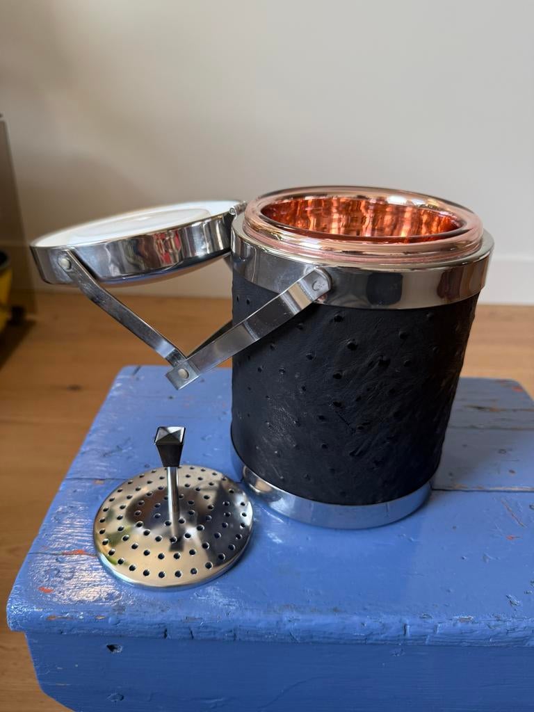Vintage ijsemmer met koperen binnenkant en leerlook, Ophalen of Verzenden