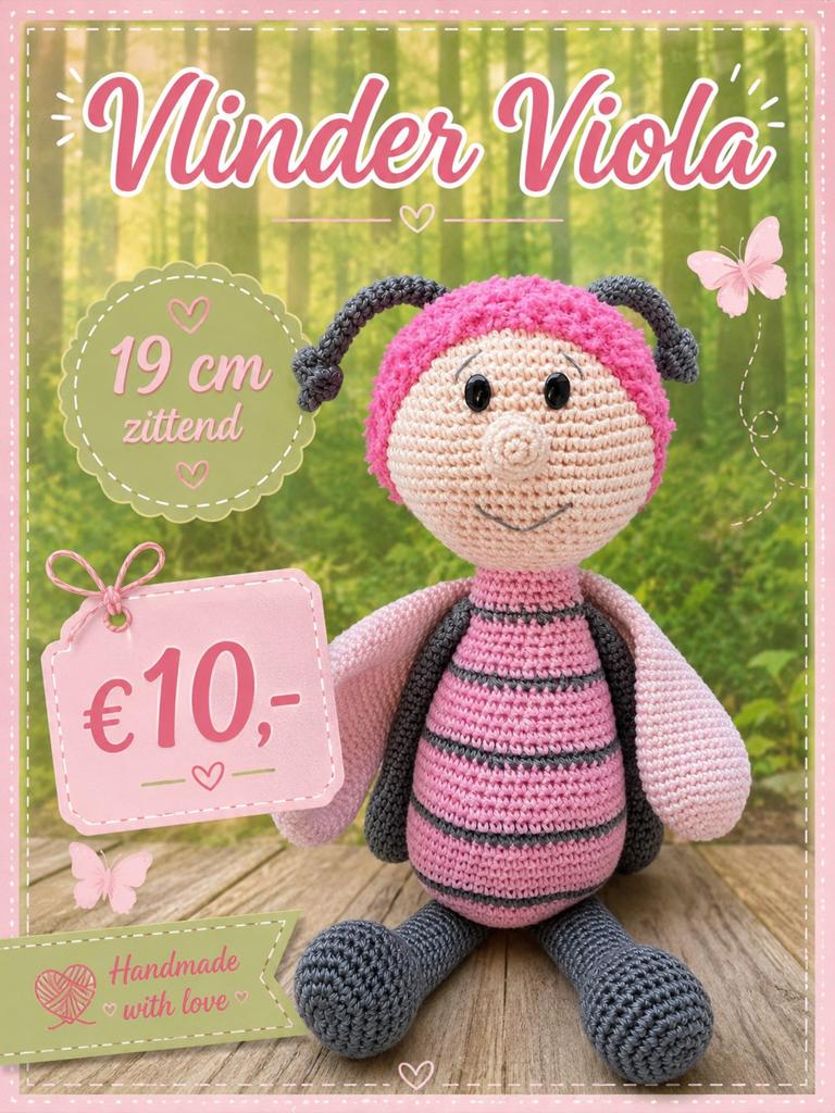 Nieuwe gehaakte Vlinder Viola knuffel, 19 cm, Handgemaakt, Overige typen, Nieuw, Ophalen of Verzenden