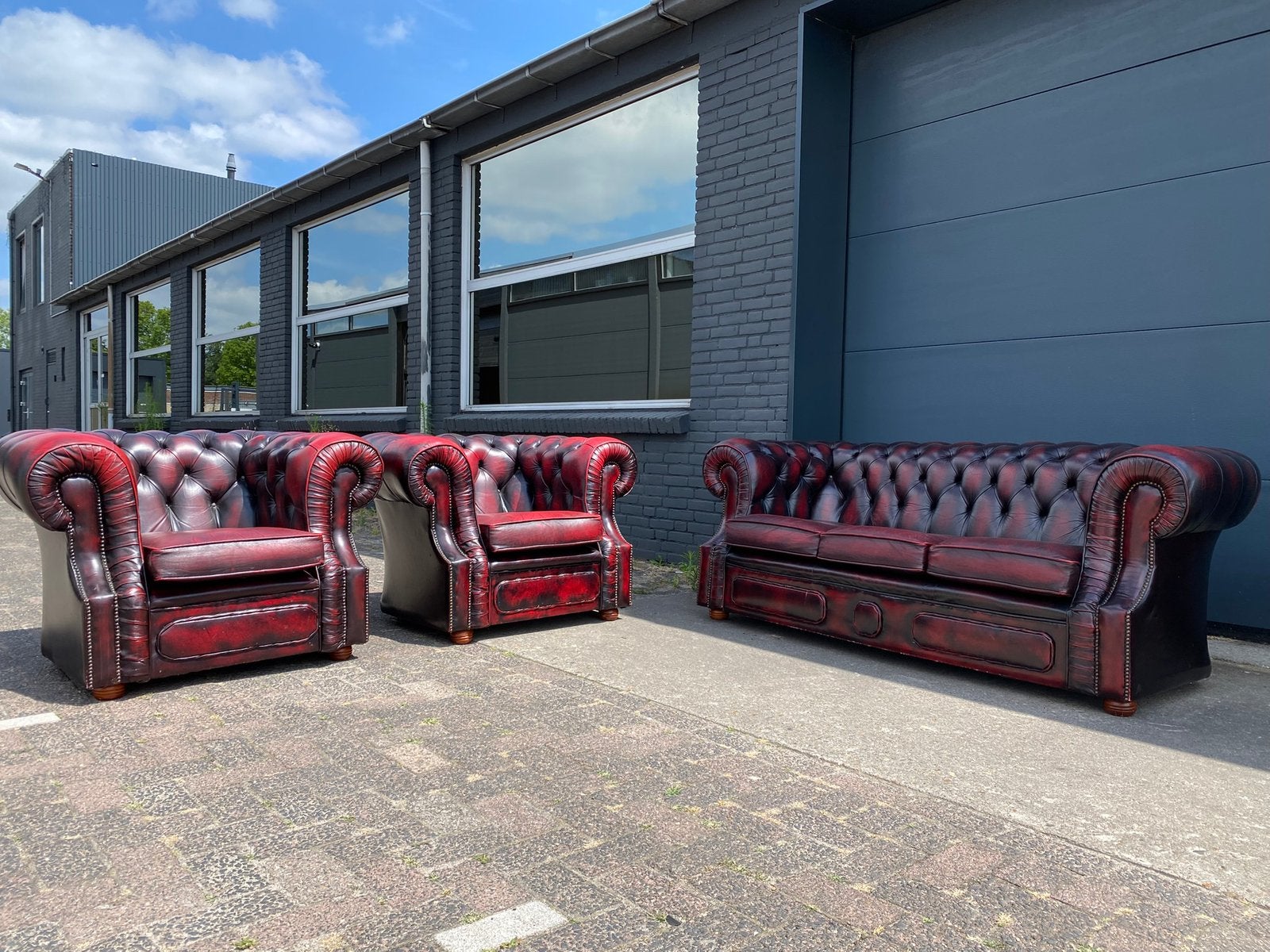 Chesterfield 3+1+1 zit bankstel Oxblood rood GRATIS BEZORGD, Ophalen, Gebruikt, 150 tot 200 cm, Tweepersoons