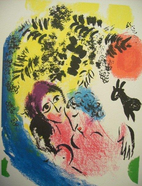 Marc Chagall (1887) Kleur Lithografie " Verliefd " Gen Ges, Antiek en Kunst, Ophalen of Verzenden