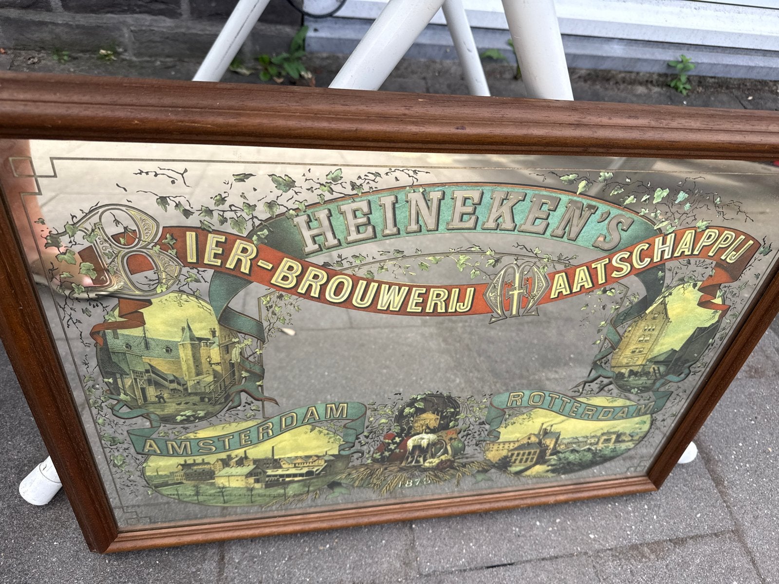 Vintage Heineken's Bier-Brouwerij Spiegel 64x46 cm, Ophalen, Rechthoekig, 50 tot 100 cm, Minder dan 100 cm
