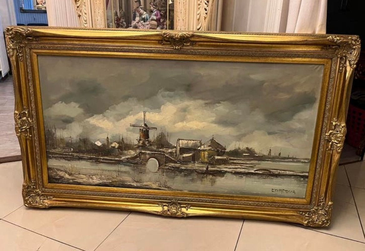 Groot olieverf hollands landschap schilderij, Ophalen of Verzenden
