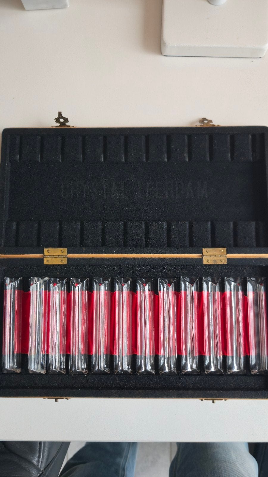 Vintage Crystal Leerdam messenleggers in houten kistje, Ophalen of Verzenden