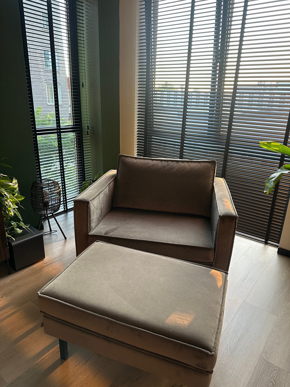 WOOOD be pure Rodeo fauteuil EN hocker taupe velvet, Ophalen, Overige kleuren, Zo goed als nieuw, Eén