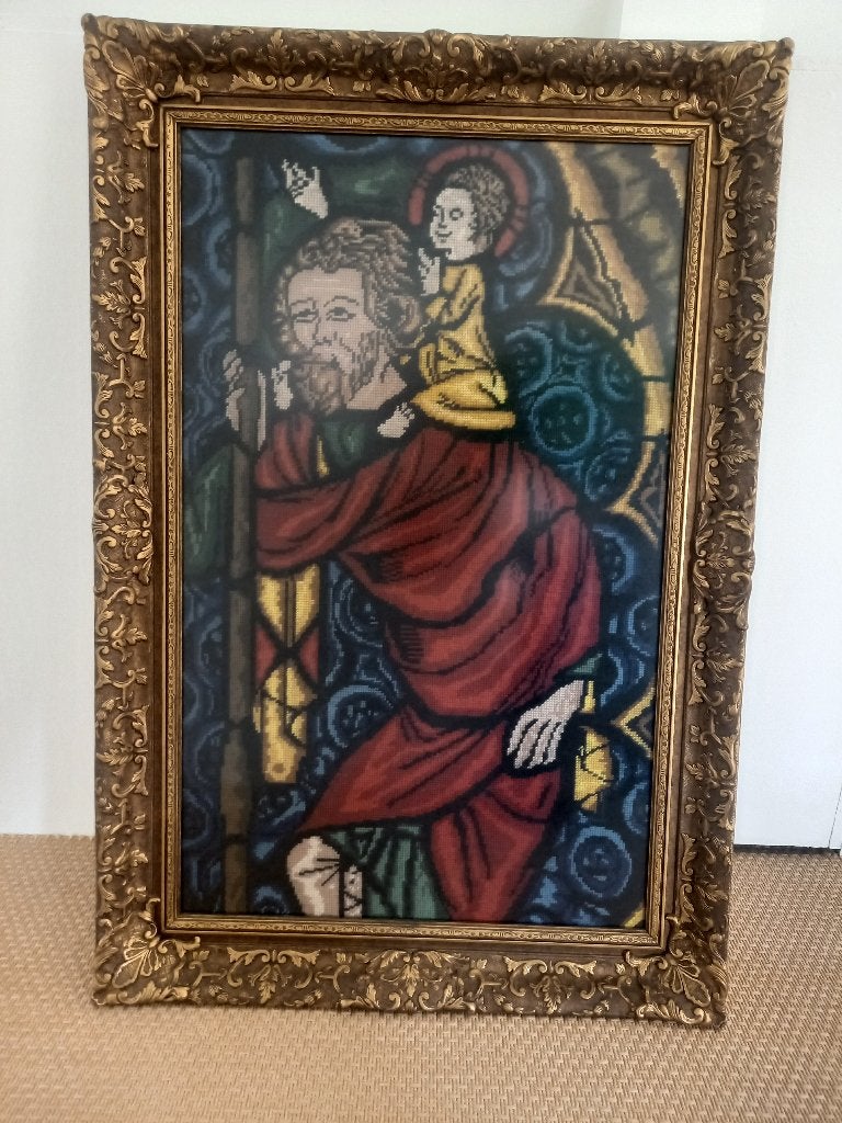 Geborduurd glas in lood de Heilige Christoffel, Ophalen