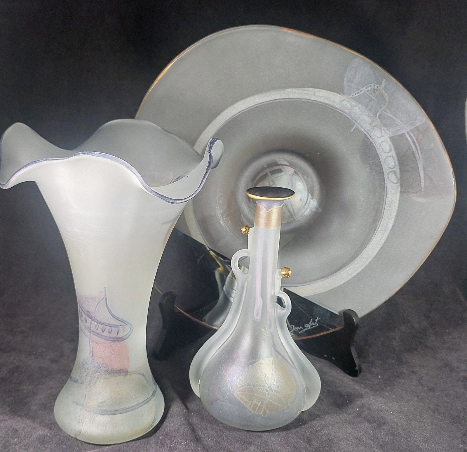 3x Unieke Glaskunst Set - Gesigneerd "Ion Art" (Tămâian), Antiek en Kunst, Antiek | Glas en Kristal, Ophalen of Verzenden