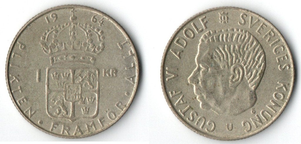 Zweedse 1 Kroon munt 1964 - Koning Gustaf VI Adolf, Ophalen of Verzenden, Overige landen, Losse munt, Zilver