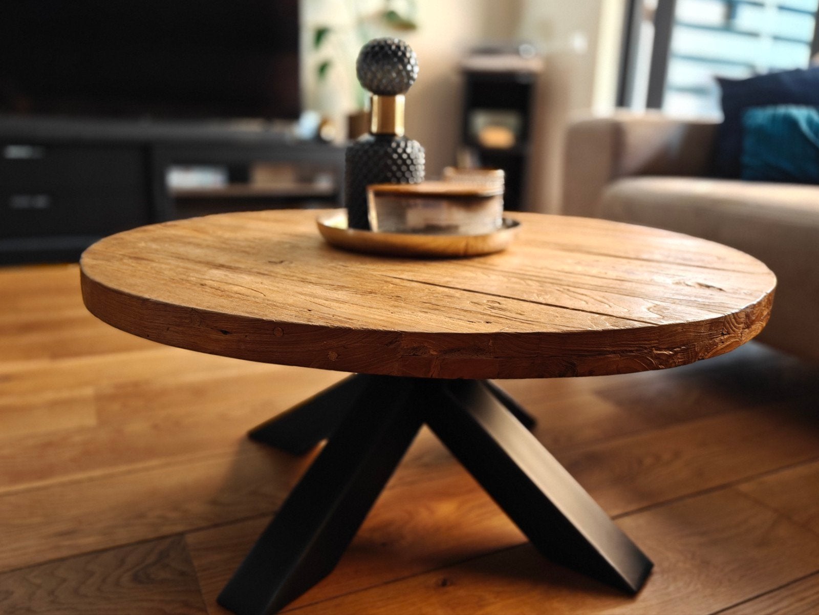 Ronde Salontafel Massief Hout met Zwart Metalen Poten, 50 tot 100 cm, Rond, 50 tot 100 cm, Zo goed als nieuw
