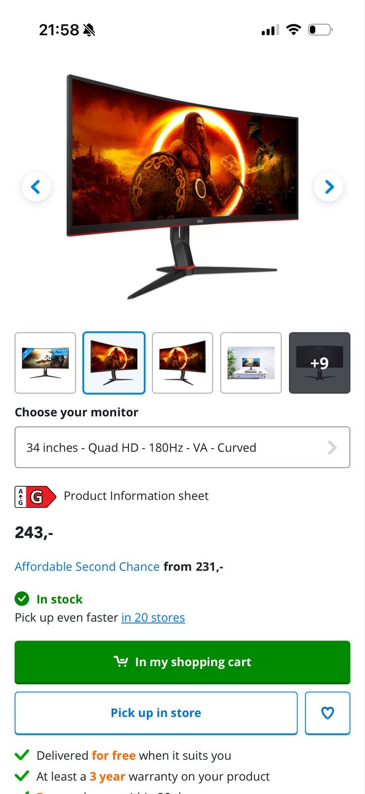 AOC Gaming Monitor 34 inch Quad HD 180Hz VA Curved - Zo goed, Gaming, Curved, VA, Ophalen of Verzenden