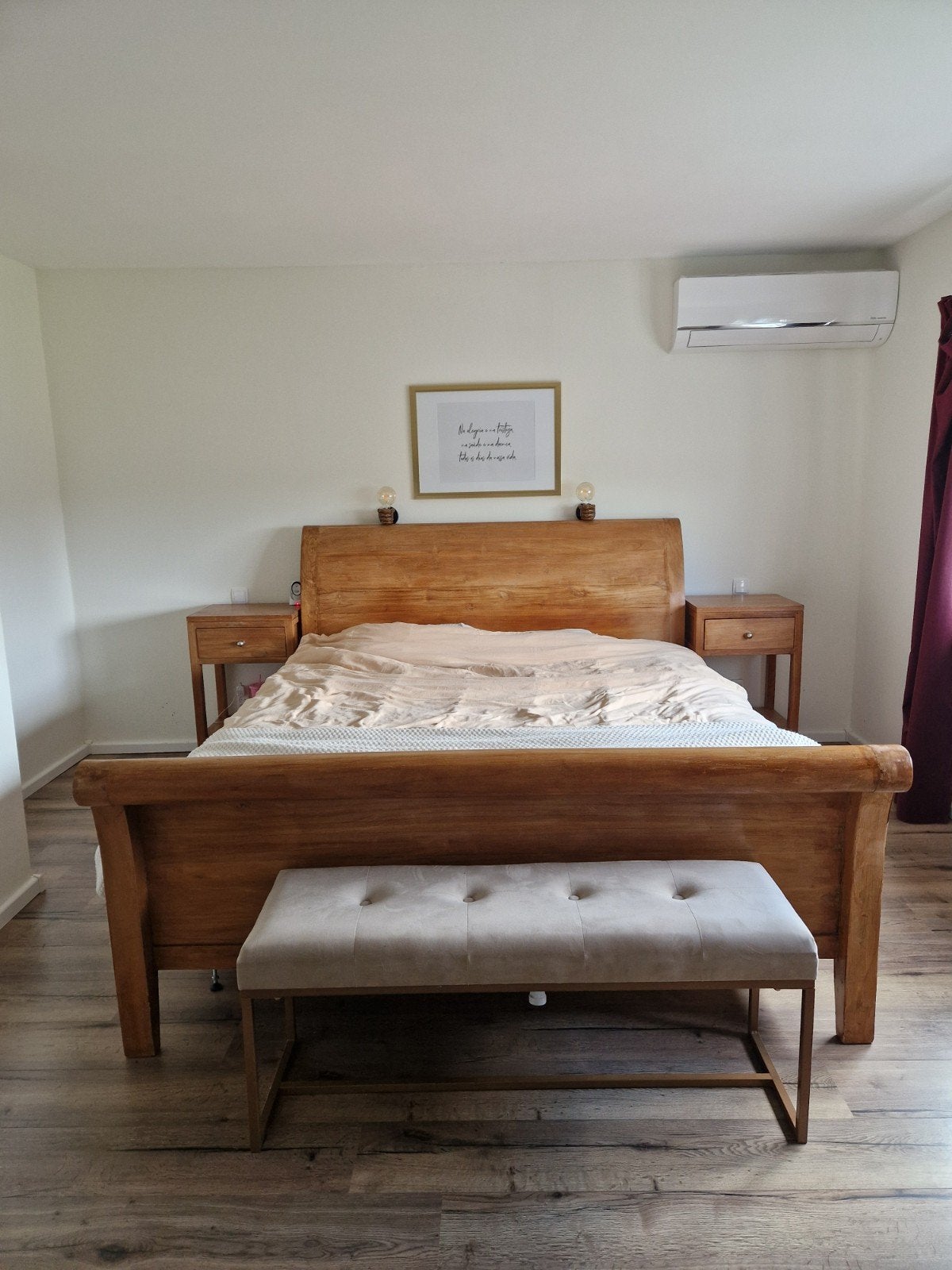 Massief teakenhouten tweepersoonsbed met nachtkastjes, Ophalen, Gebruikt, Bruin, 210 cm
