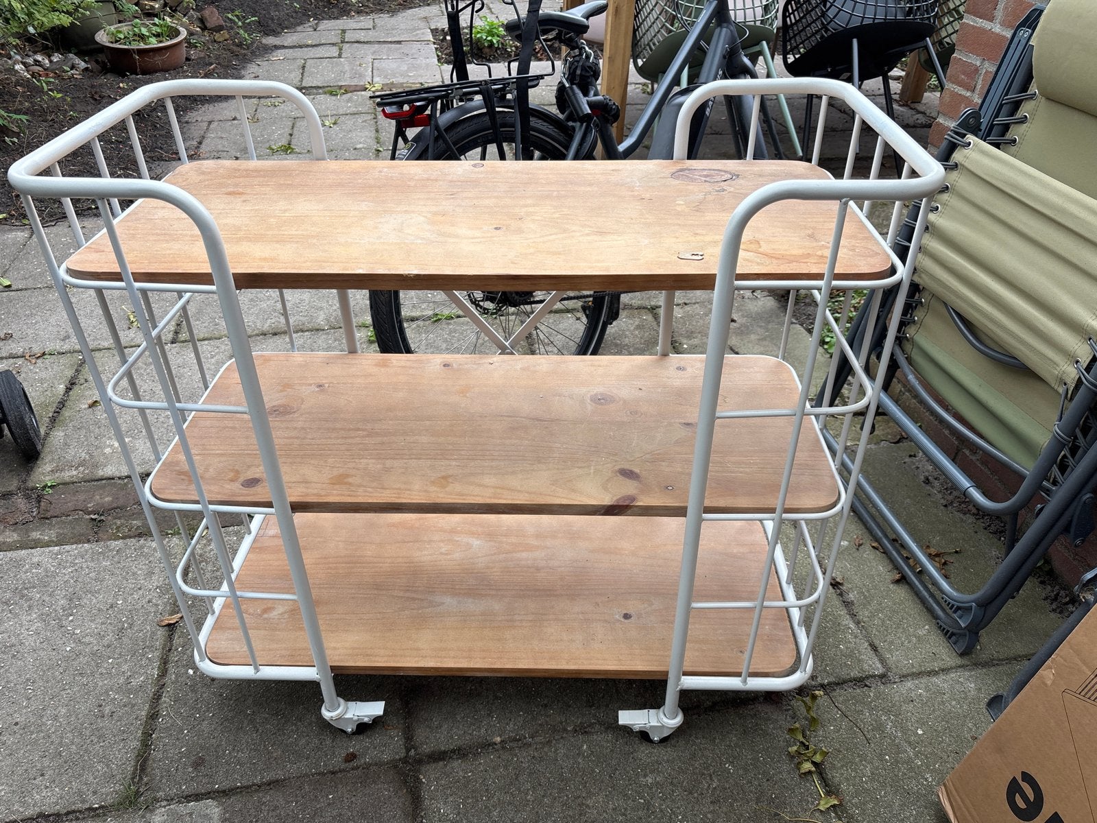 Verrijdbaar rek met houten planken, Ophalen, Hout, Gebruikt, Wit
