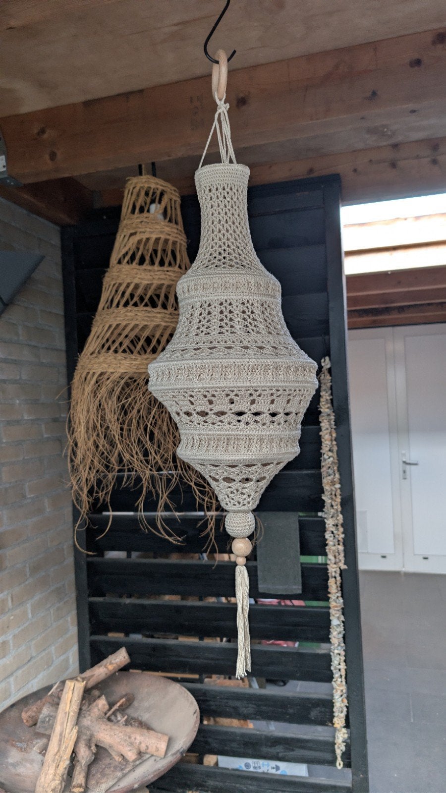 Gehaakte Kroonluchter - Ibiza Stijl Tuinverlichting, Huis en Inrichting, Lampen | Kroonluchters, Natuurlijk materiaal, Nieuw, Overige fittingen