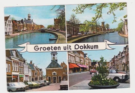 Dokkum Groeten  4 luik Auto Mercedes1976 gelopen Zegel 40 ct, Ophalen of Verzenden, 1960 tot 1980, Gelopen, Friesland