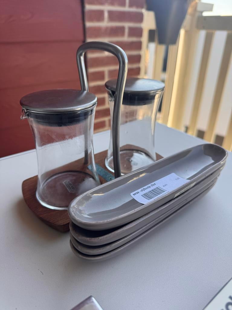 Olie- en azijnstel met olijvenschaaltjes, Ophalen, Nieuw, Glas, Overige typen