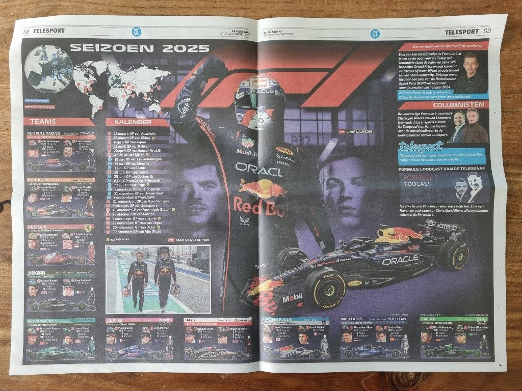 Formule 1-kalender 2025 met alle teams (2025), Ophalen of Verzenden, 1980 tot heden, Knipsel(s)