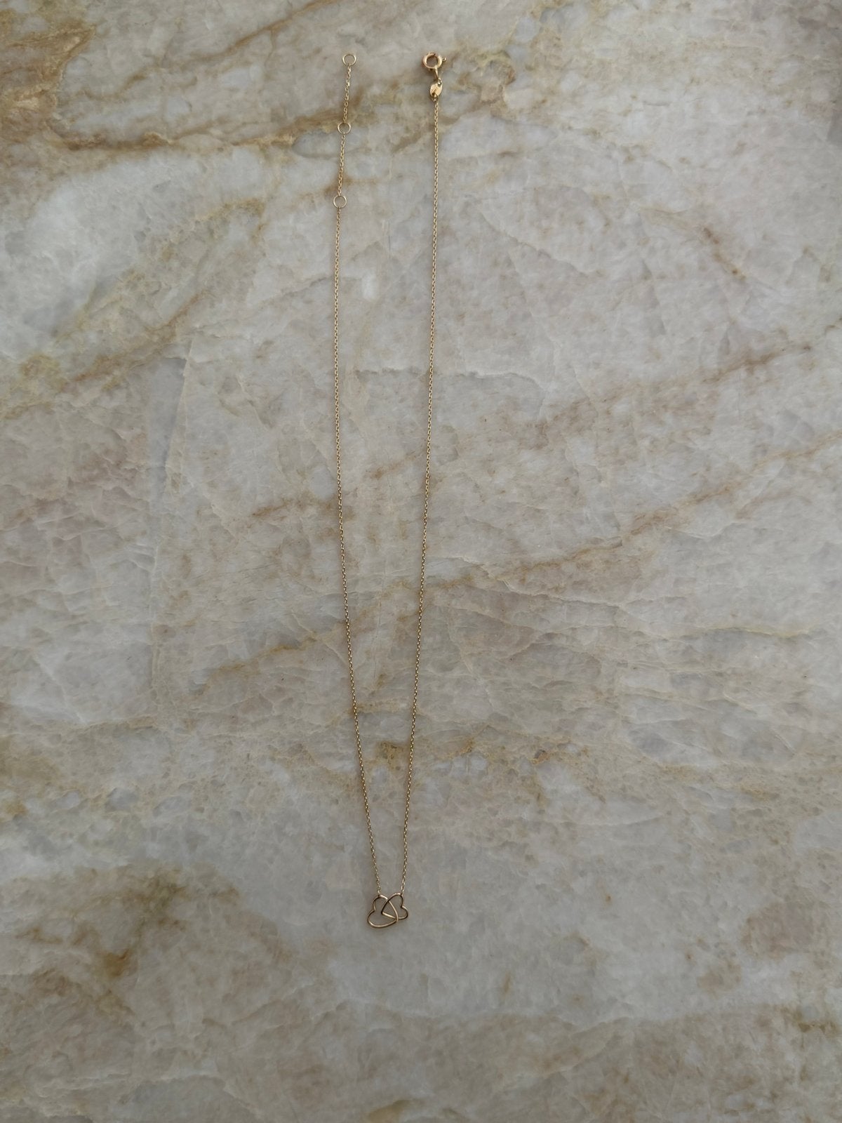 Jackie 14K Gouden Double Heart Ketting., Sieraden, Tassen en Uiterlijk, Kettingen, Verzenden, Zo goed als nieuw, Goud, Met hanger