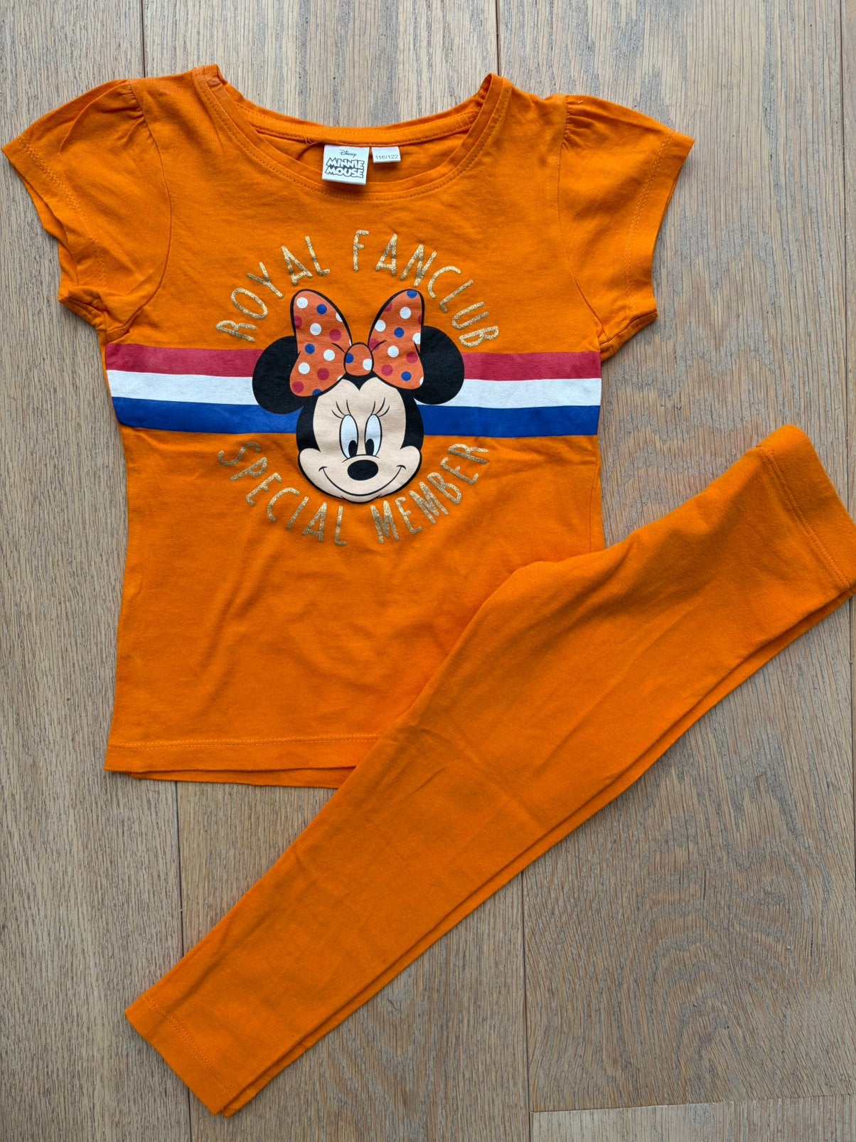 Koningsdag t shirt Minnie Mouse legging mt 116/122, Ophalen of Verzenden, Gebruikt, Meisje, Shirt of Longsleeve