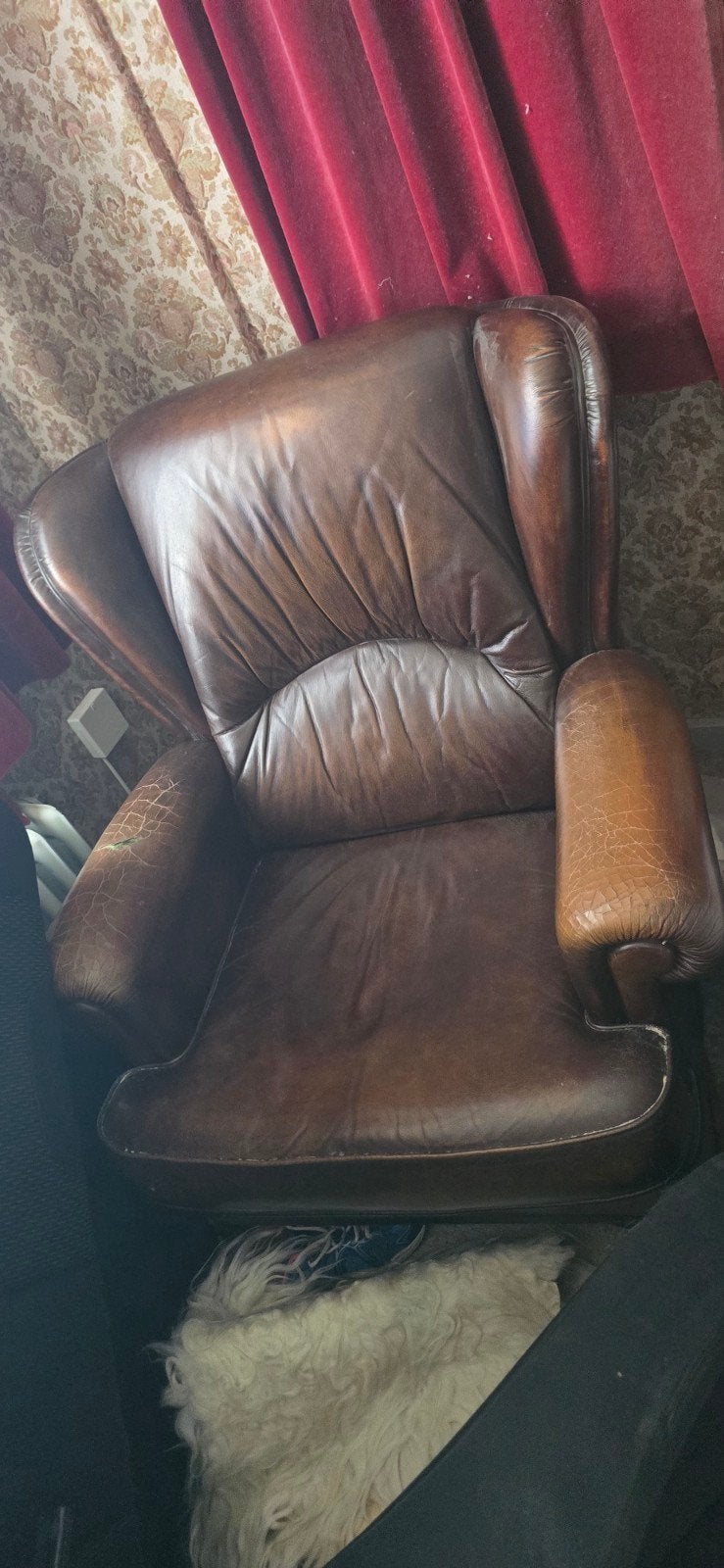 Leren fauteuil en tweezitsbank - Vintage bruin-Antiek, Huis en Inrichting, Ophalen, Gebruikt, 150 tot 200 cm, Tweepersoons