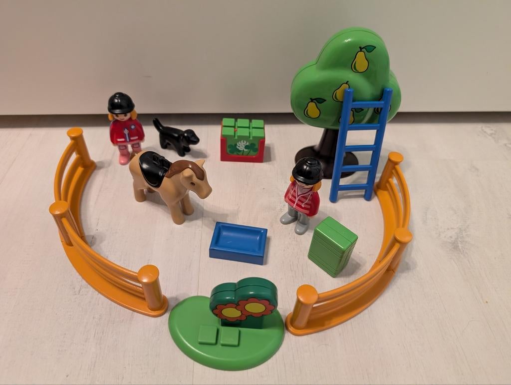 Playmobil 1.2.3. weide, paard, boom, poppetjes, Ophalen of Verzenden, Zo goed als nieuw, Complete set
