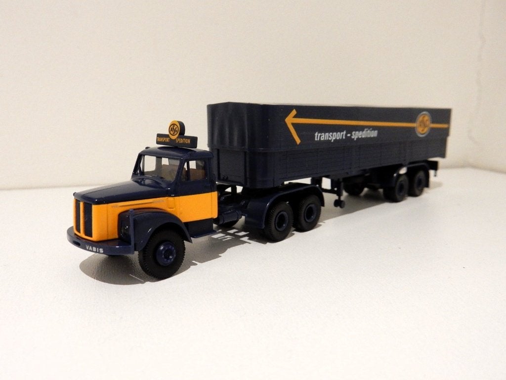 Brekina Scania L110 + oplegger ASG 1/87 Deutsche post serie, Ophalen of Verzenden, Nieuw, Bus of Vrachtwagen, Brekina