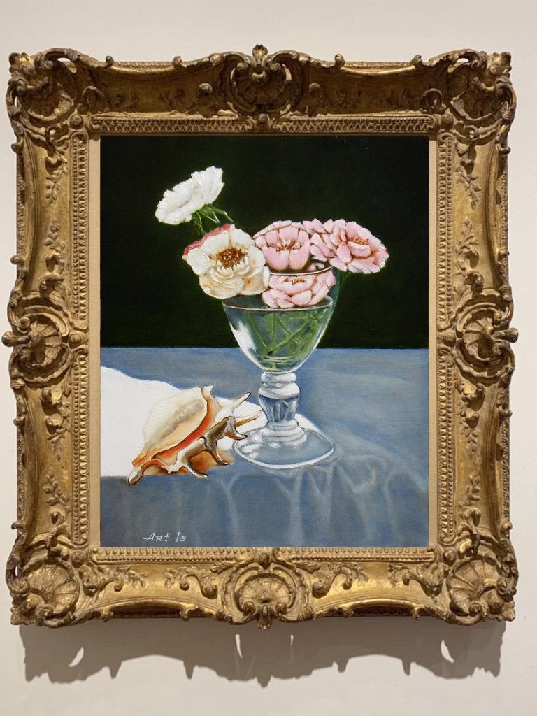 "Bloemen en schelpen" Schilderij, Antiek en Kunst, Kunst | Schilderijen | Modern, Verzenden