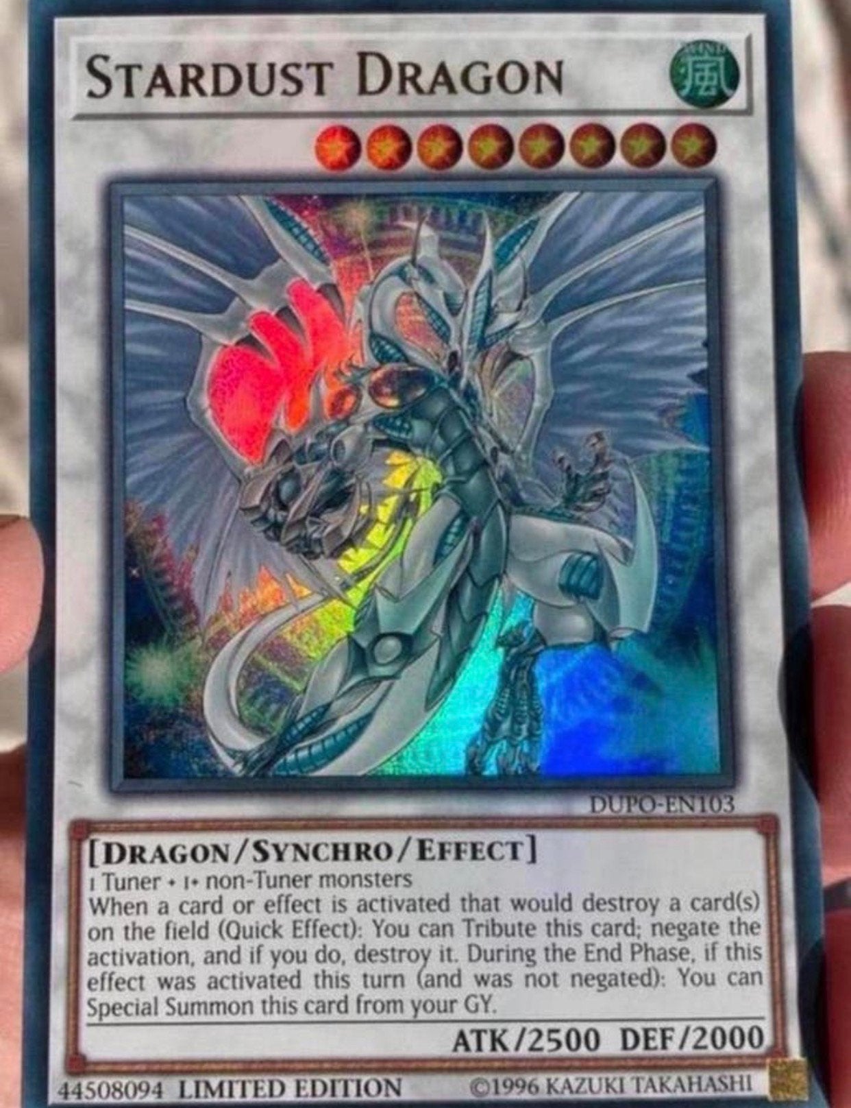 Yu-Gi-Oh! Stardust Dragon DUPO Limited Edition !, Ophalen of Verzenden, Zo goed als nieuw, Losse kaart, Foil