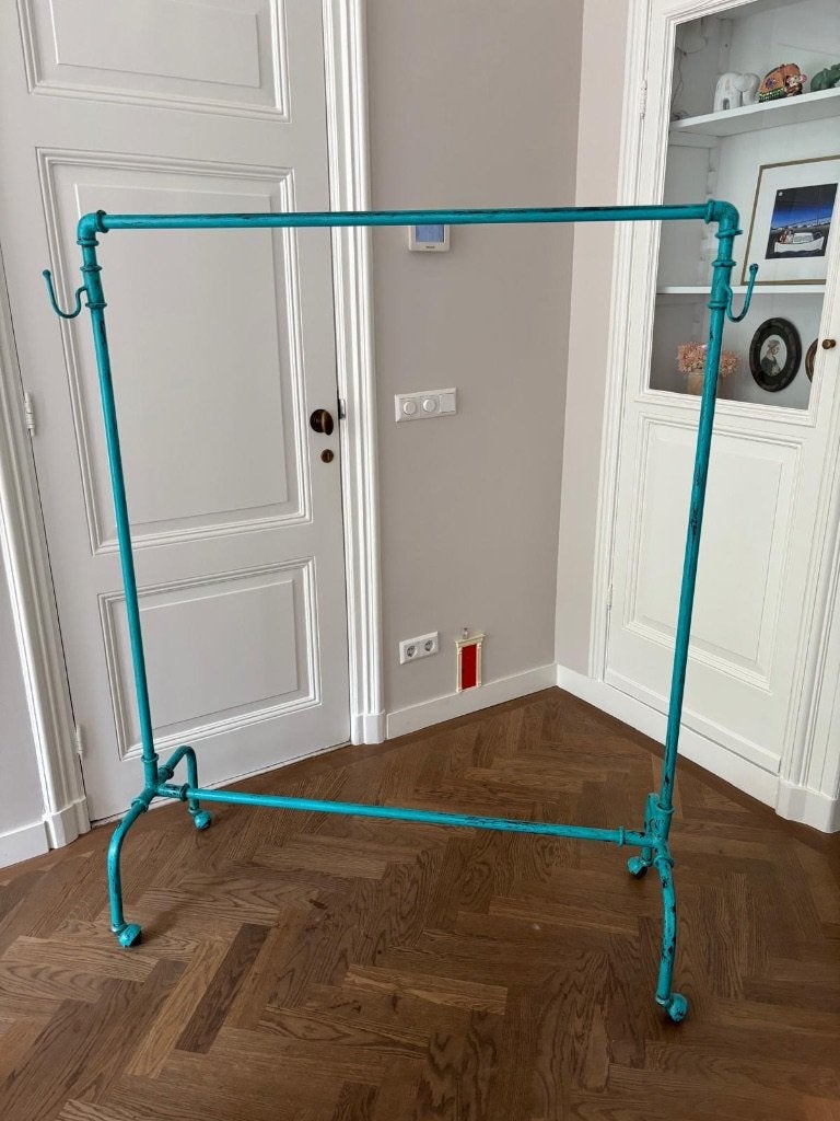 Industrieel Kledingrek Garderoberek Steigerbuis Turquoise, Ophalen, Met wielen, Zo goed als nieuw