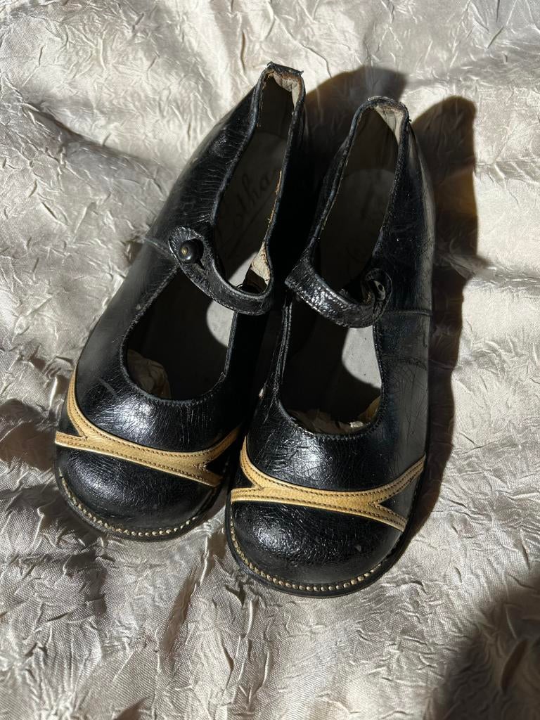 Vintage zwart met crème kinderschoenen maat 5, Ophalen of Verzenden