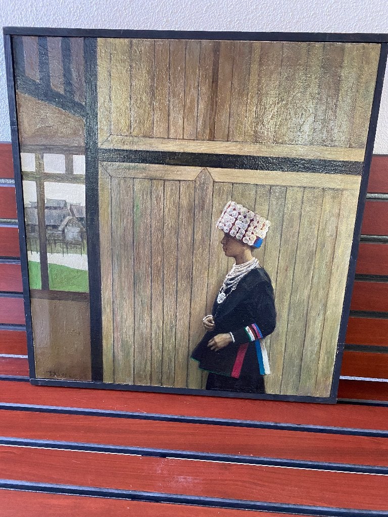 Olieverfschilderij van een vrouw in traditionele kleding, Doek, Realistisch, Ophalen of Verzenden, Olieverf