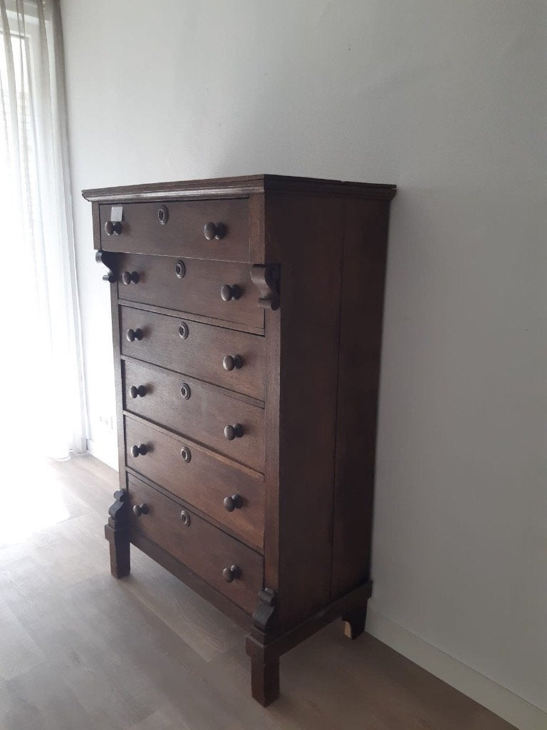 Antieke ladekast van donker hout, Gebruikt, 100 tot 150 cm, 5 laden of meer, 150 tot 200 cm