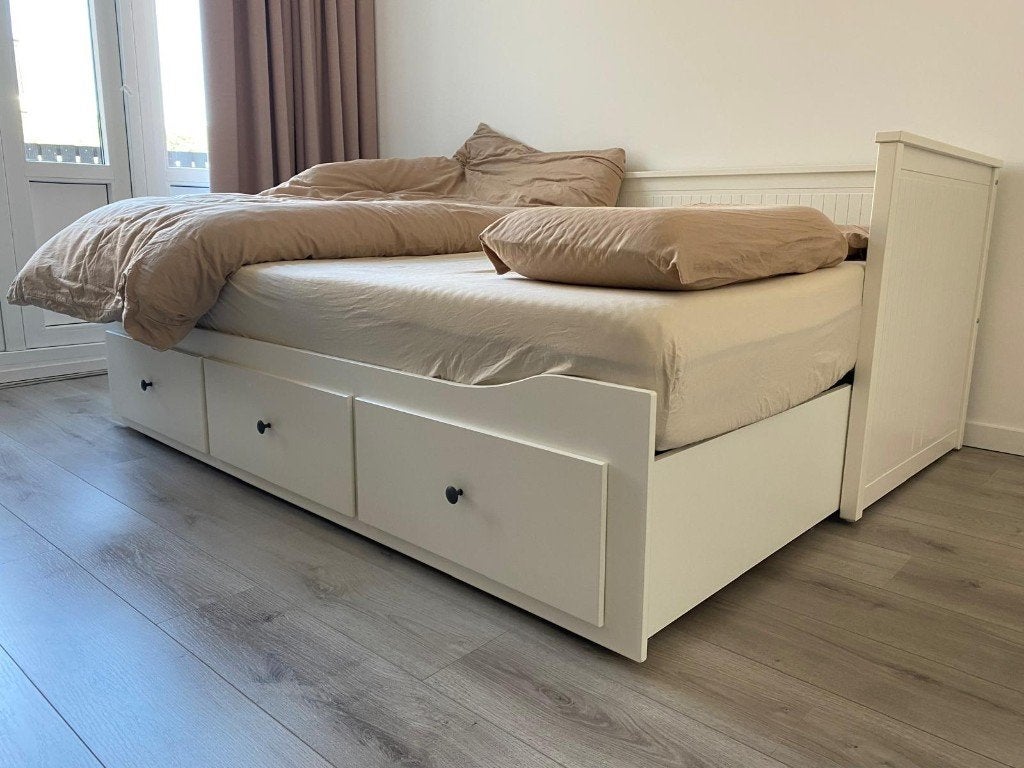 Bedbank met 3 lades, Ophalen, Verstelbaar, Wit, Tweepersoons