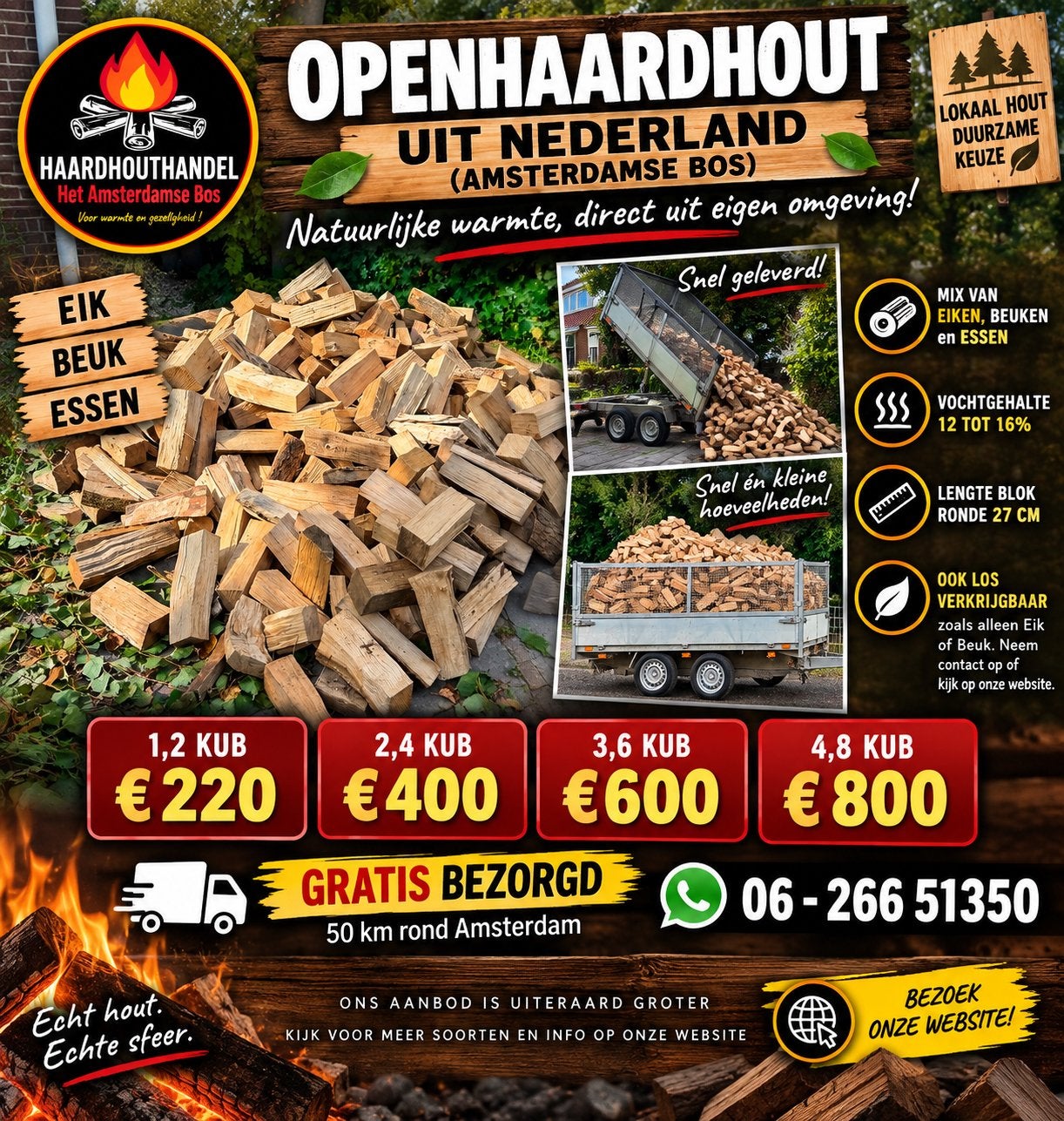 Droog haardhout uit het Amsterdamse Bos GRATIS BEZORGD *, Tuin en Terras, 6 m³ of meer, Ophalen of Verzenden, Blokken