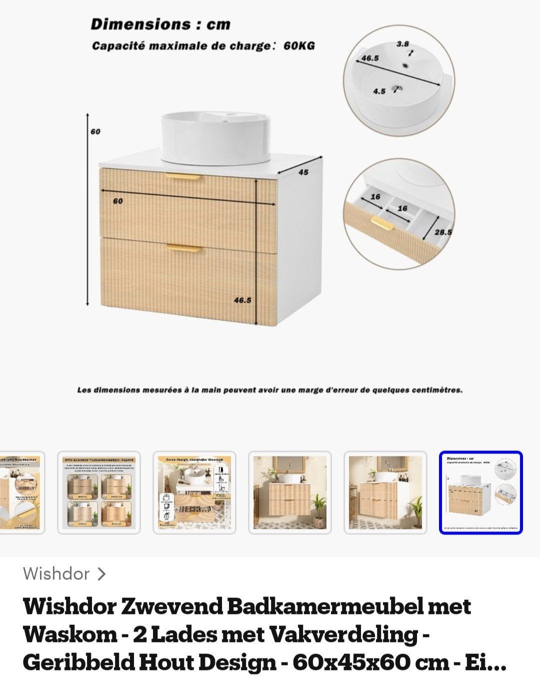 Wishdor Zwevend Badkamermeubel met Wastafel en 2 Lades, Minder dan 50 cm, Nieuw, Ophalen of Verzenden, Minder dan 100 cm