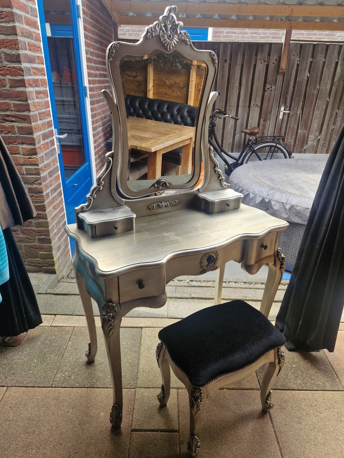 Vintage kaptafel met spiegel en krukje, Huis en Inrichting, Gebruikt, 100 tot 150 cm, Vintage, Klassiek, Barok, Hout