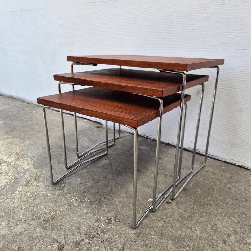 Vintage mimiset - Brabantia, 3 tafeltjes chroom, hout, Minder dan 45 cm, Minder dan 55 cm, Gebruikt, Onbekend
