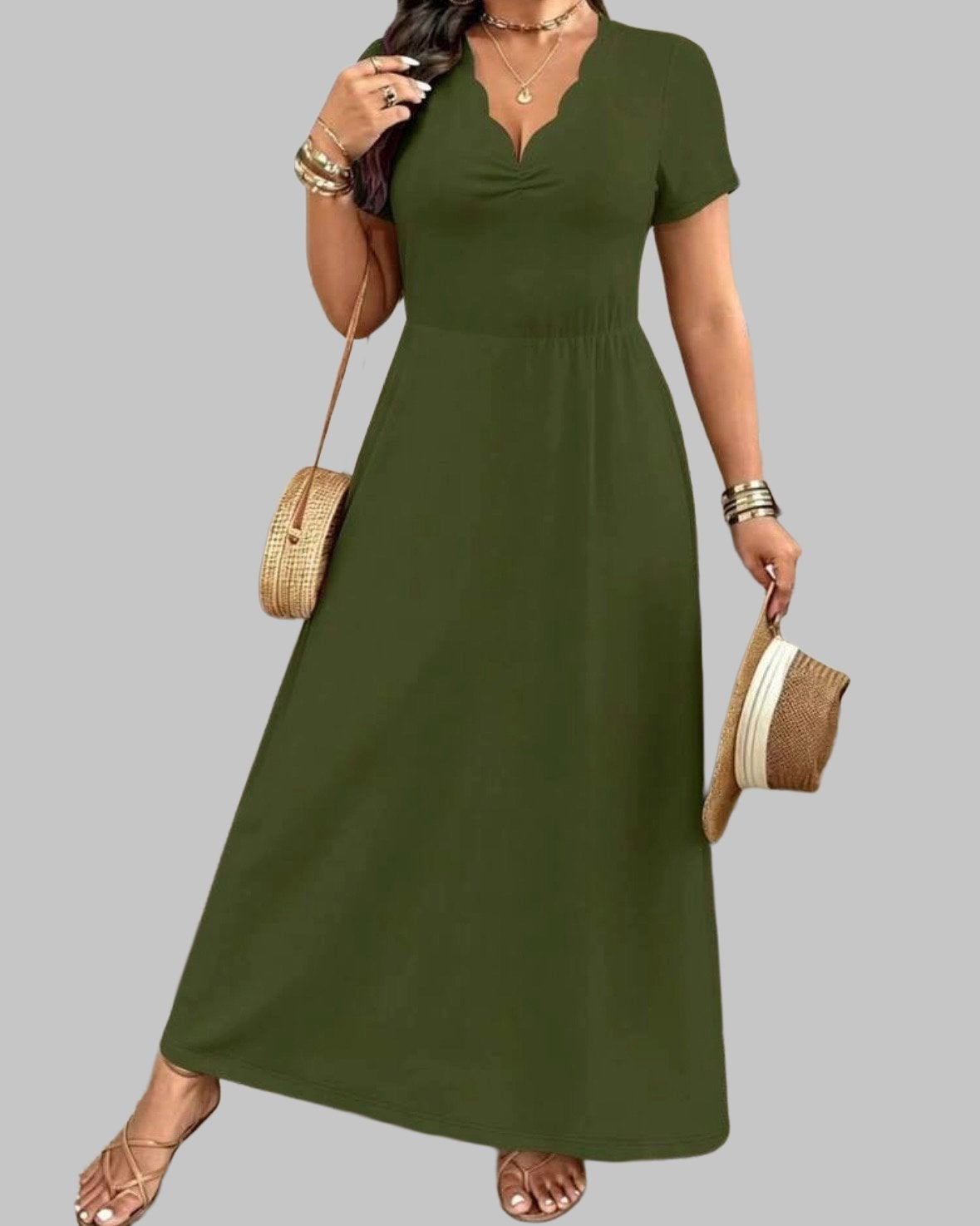 Maxi Jurk met V-hals Legergroen (44-52), Kleding | Dames, Verzenden, Nieuw, Groen, Jurk