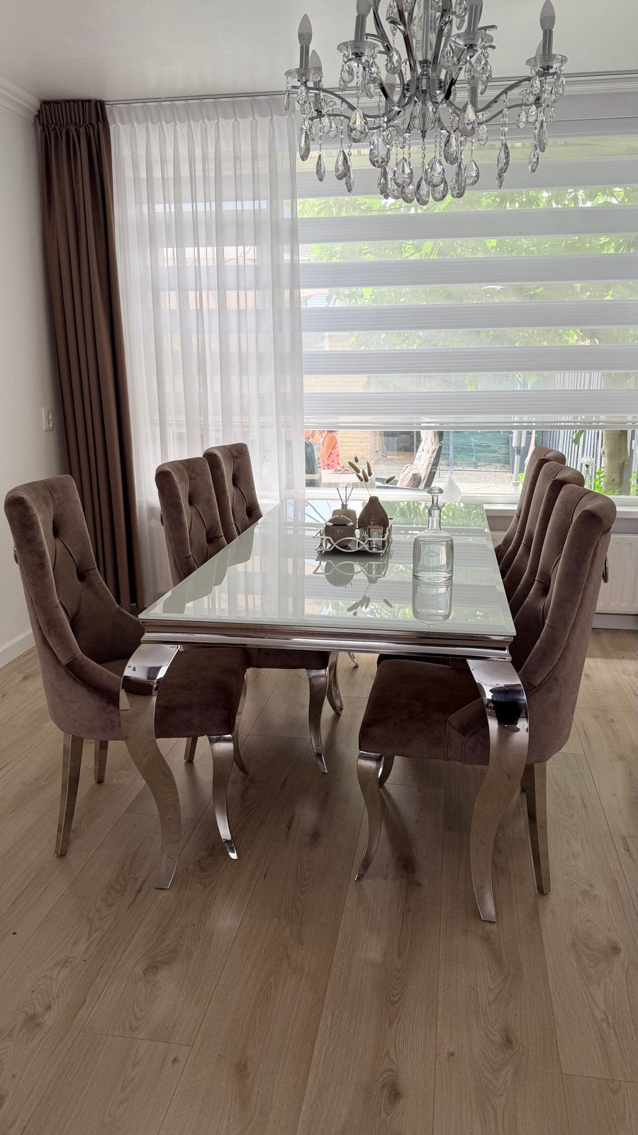 Eettafel & Salontafel Set Hoogglans Wit met 6 Stoelen Nieuw, Huis en Inrichting, Ophalen, Nieuw, Vijf personen of meer, Glas